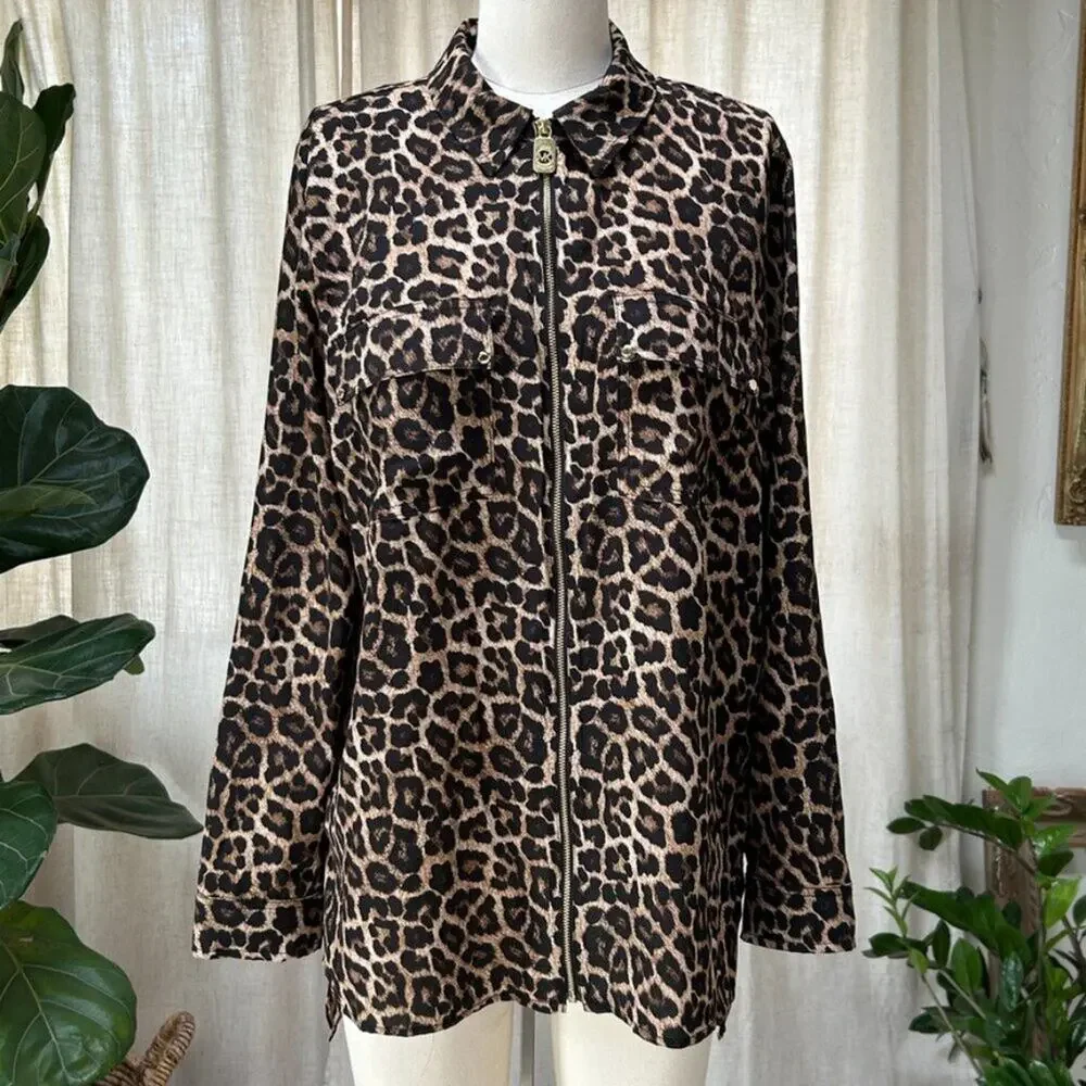 Michael Kors Leopard Animal Print Top Womens L Zip Up Blouse Lightweight Luxury